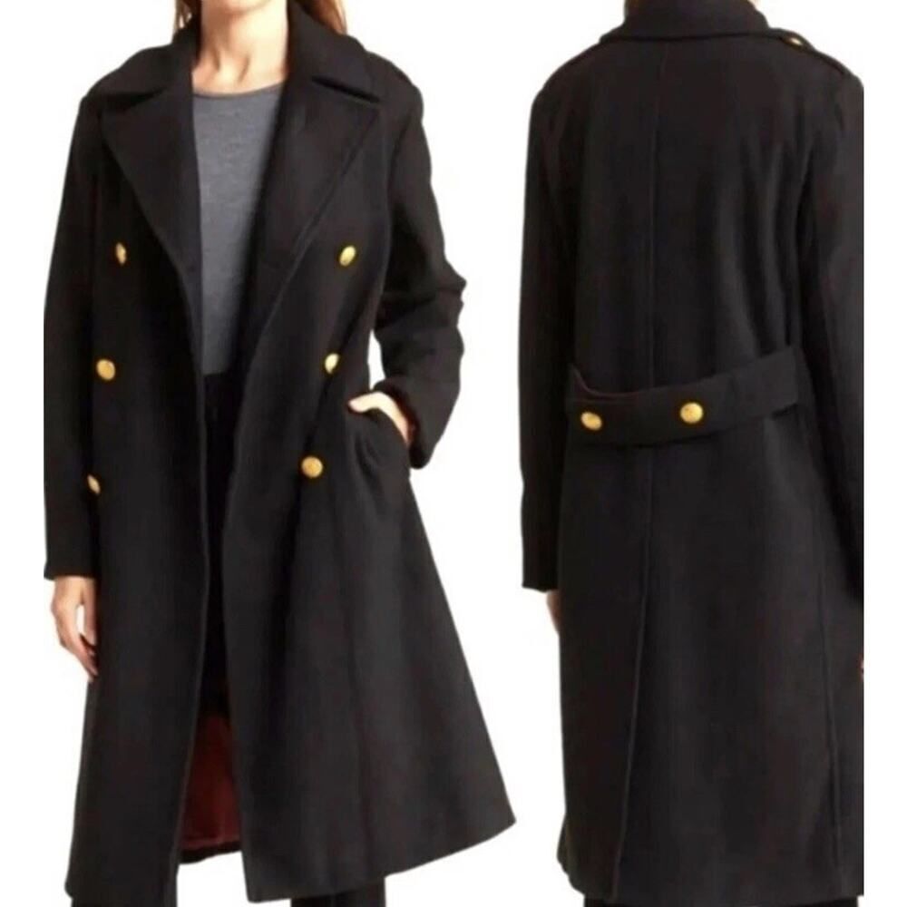 Rebecca Minkoff Black Wool Military Peacoat M Medium Gold Button Long Coat